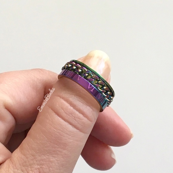 NEW SIZES 8mm Oil Slick Chain Spinner Ring Unisex Stainless Steel Roman Numerals - Picture 7 of 16